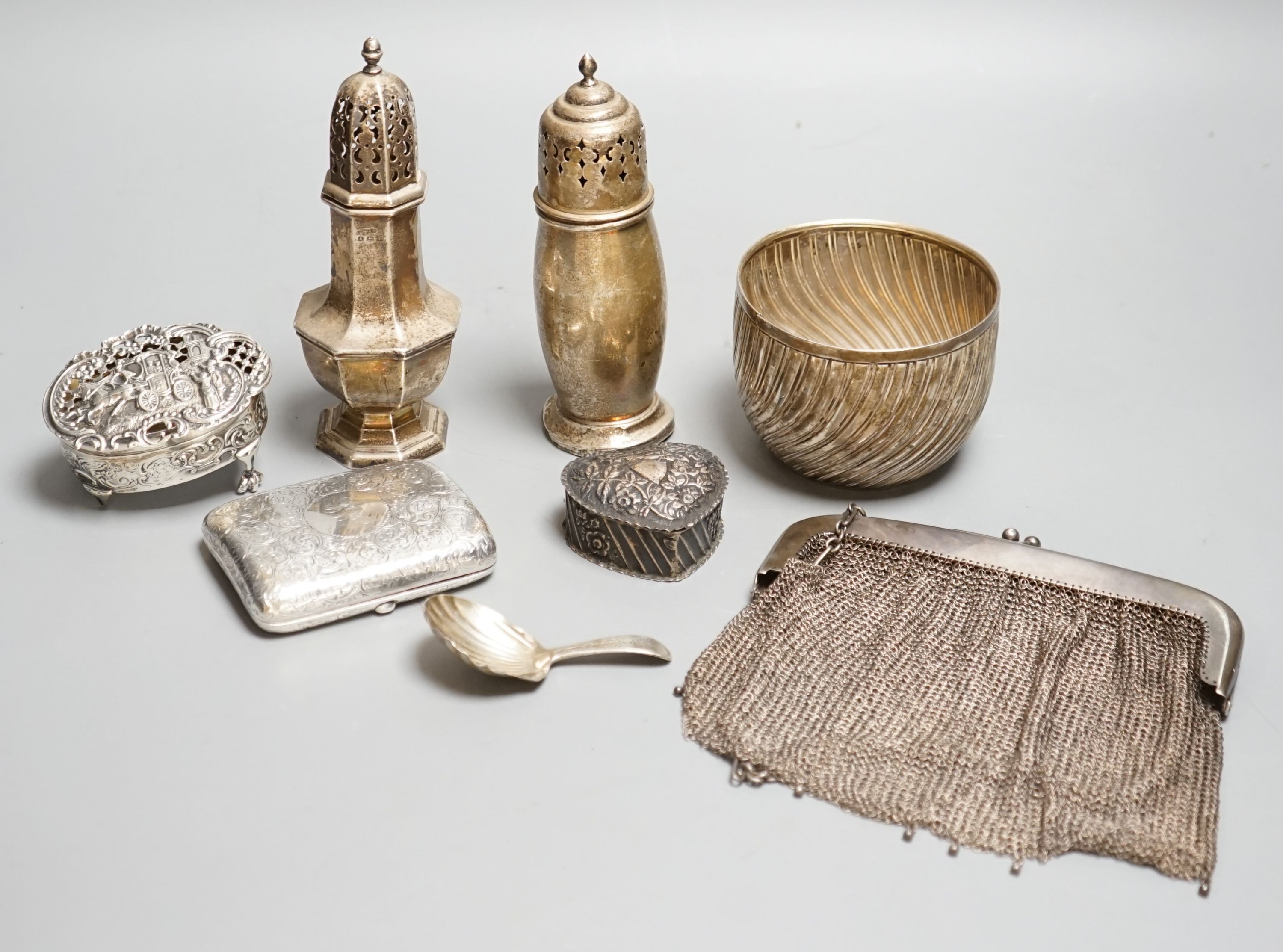 Small silver including a Victorian sugar bowl(split), two sugar casters, a pot pourri box(a.f.), cigarette case, caddy spoon etc.